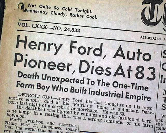 Artikel über den Tod von Henry Ford 1947